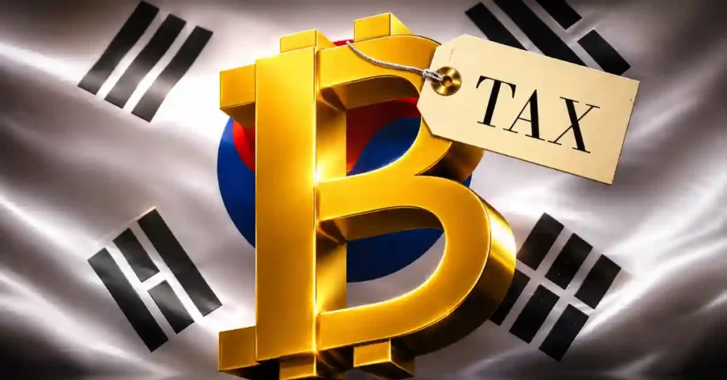 A hand holding a tax form with a South Korean flag, an alarm clock, and floating Bitcoin and Ethereum coins against a red and white background.