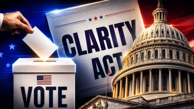 A "CLARITY ACT" headline next to the US Capitol building, featuring a hand pressing a green "VOTE" button and a digital clock set to a 24-hour countdown.