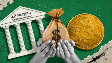 A large gold Bitcoin (BTC) coin positioned in front of a shiny gold bar, centered between the JPMorgan Chase logo and a rising green candlestick trading chart.