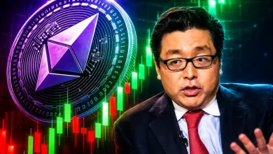 A digital collage of Tom Lee next to a large silver Ethereum coin and a bullish green candlestick chart showing a $22,000 price target.