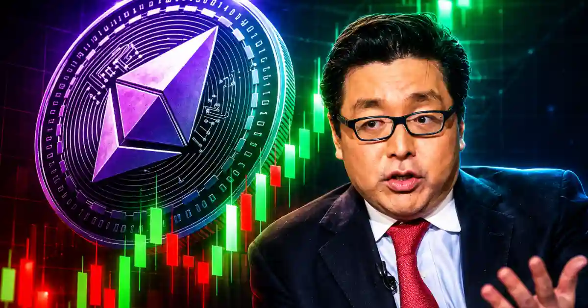 A digital collage of Tom Lee next to a large silver Ethereum coin and a bullish green candlestick chart showing a $22,000 price target.