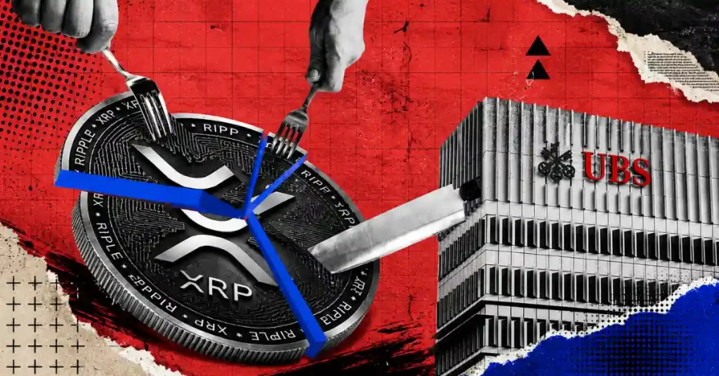 A gold XRP coin positioned in front of a modern skyscraper, featuring the UBS logo and a document labeled "SEC 13F Filing" with a rising green arrow.