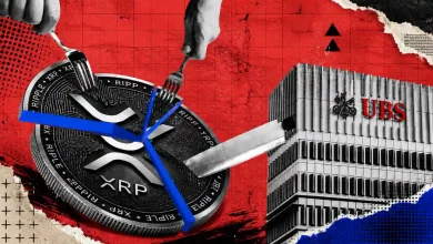 A gold XRP coin positioned in front of a modern skyscraper, featuring the UBS logo and a document labeled "SEC 13F Filing" with a rising green arrow.