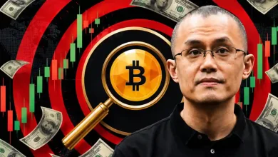A digital portrait of Binance founder CZ (Changpeng Zhao) alongside a large golden Bitcoin coin and a glowing green "V-shaped" recovery chart on a dark background.