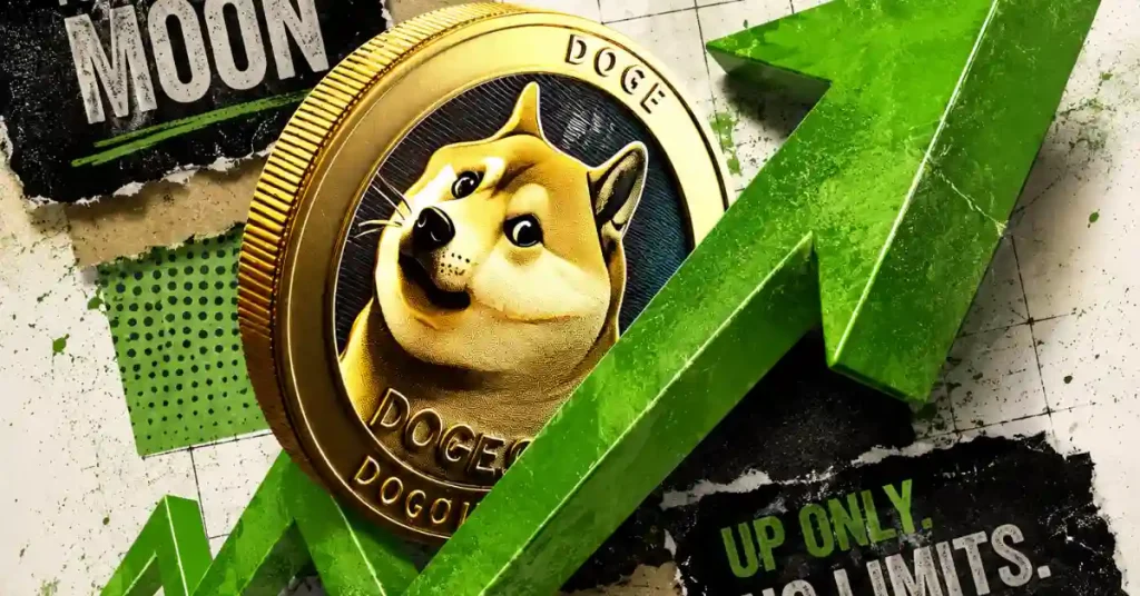 A gold Dogecoin (DOGE) coin with the Shiba Inu mascot positioned next to a large, bright green upward-pointing arrow on a textured white and grey background.