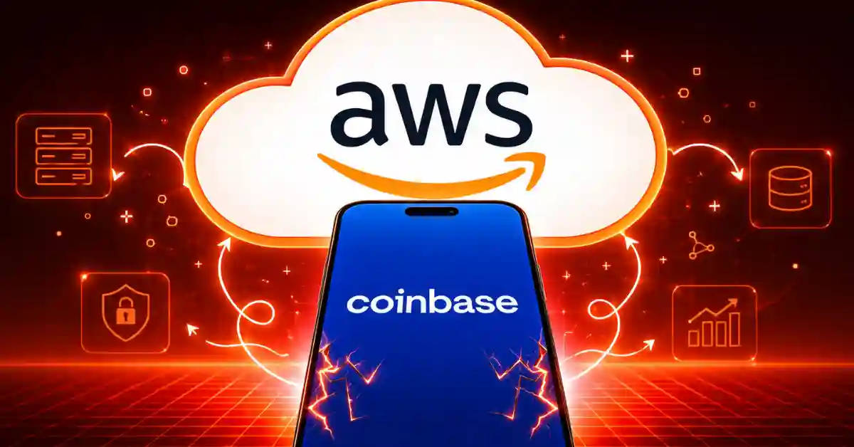 A smartphone displaying the Coinbase logo in front of a glowing Amazon Web Services (AWS) cloud icon, surrounded by orange digital infrastructure symbols.