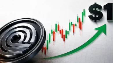 A 3D silver Worldcoin (WLD) token next to a bullish green candlestick trading chart with a large $1 price target.