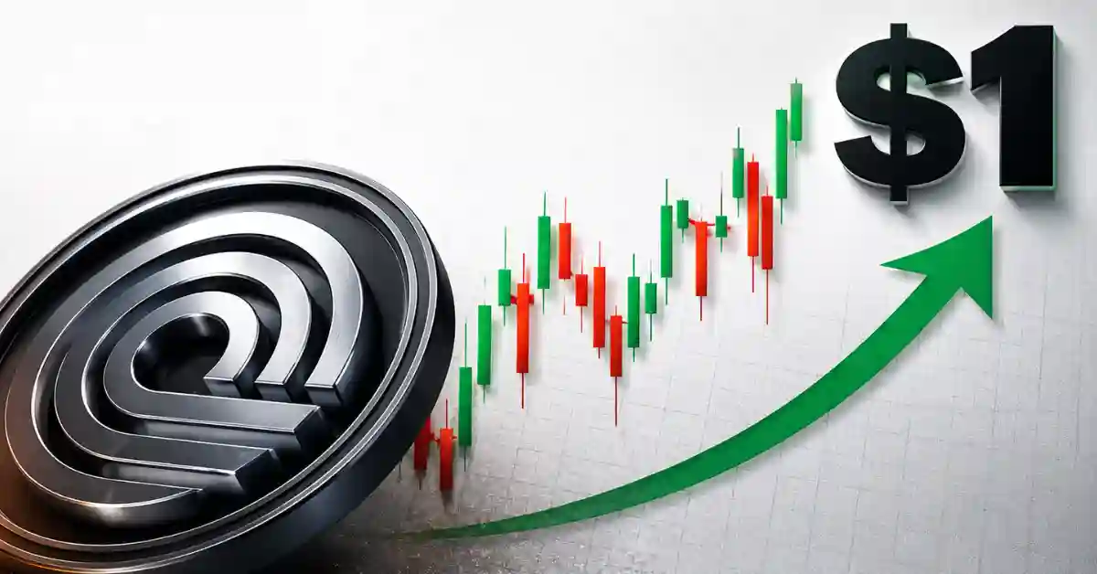 A 3D silver Worldcoin (WLD) token next to a bullish green candlestick trading chart with a large $1 price target.