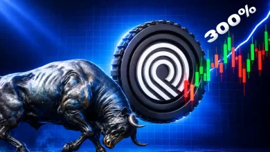 A bronze bull statue charging next to a 3D Ondo Finance (ONDO) coin and a rising green candlestick chart with a large "300%" growth label.