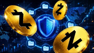 Three glowing gold Zcash (ZEC) coins floating around a blue digital shield and folder icons on a dark tech-themed background with global map and market charts.
