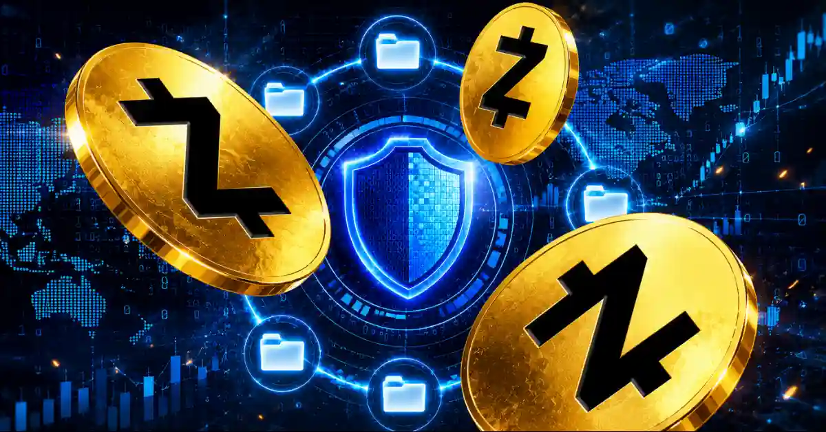 Three glowing gold Zcash (ZEC) coins floating around a blue digital shield and folder icons on a dark tech-themed background with global map and market charts.