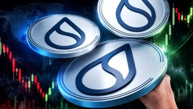 Three silver Sui (SUI) coins with the blue water drop logo floating in front of a digital trading chart with green and red candlesticks on a dark world map background.