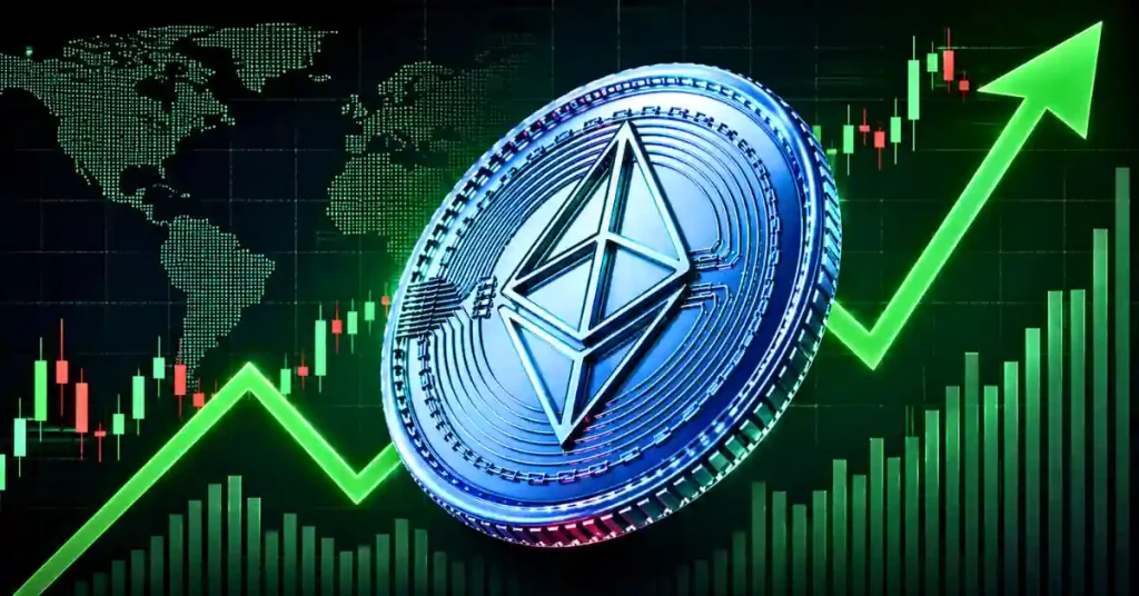 A large blue 3D Ethereum (ETH) coin centered over a glowing green upward-pointing arrow and a bullish candlestick trading chart on a digital world map background.