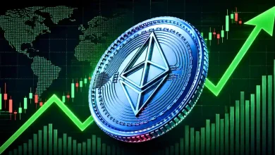 A large blue 3D Ethereum (ETH) coin centered over a glowing green upward-pointing arrow and a bullish candlestick trading chart on a digital world map background.