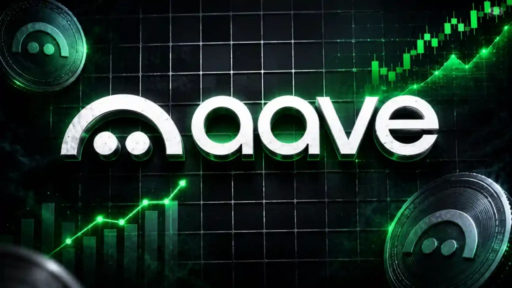 The 3D silver Aave logo centered on a dark digital grid background featuring two Aave coins and a glowing green upward-trending line chart.