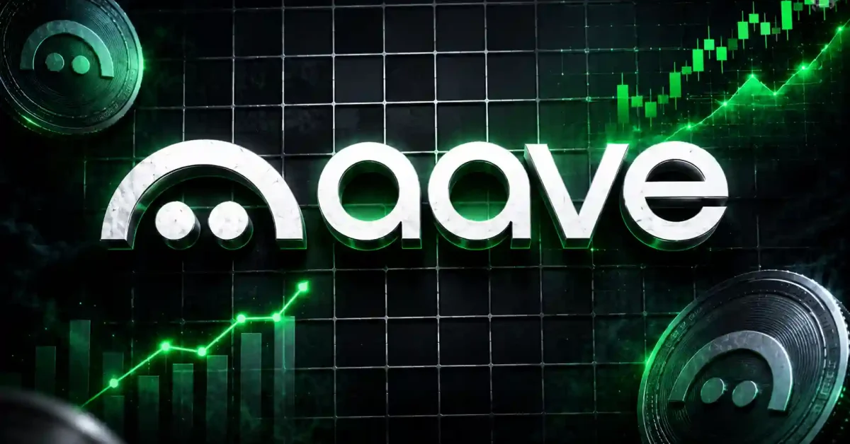 The 3D silver Aave logo centered on a dark digital grid background featuring two Aave coins and a glowing green upward-trending line chart.