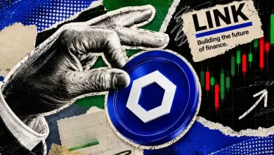 A hand-drawn vintage style hand holding a 3D blue Chainlink (LINK) coin next to a bullish candlestick chart and a note reading "LINK Building the future of finance.