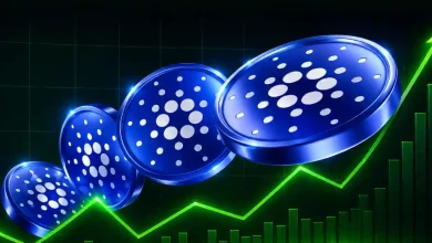 Four glowing blue 3D Cardano (ADA) coins ascending alongside a bright green upward-pointing arrow and bar chart on a dark digital grid.