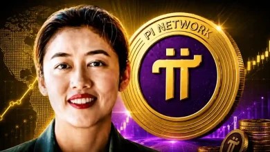 Pi Network co-founder Chengdiao Fan speaking on stage at a Miami conference next to a large gold Pi Network (PI) logo.