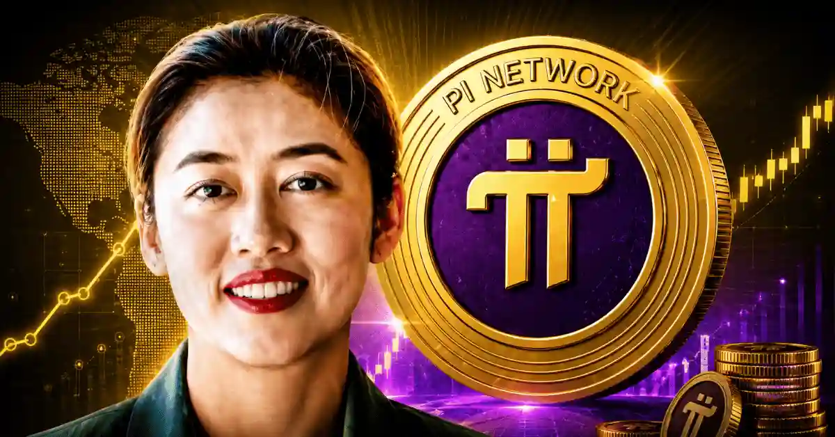 Pi Network co-founder Chengdiao Fan speaking on stage at a Miami conference next to a large gold Pi Network (PI) logo.