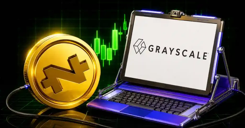A large gold Zcash (ZEC) coin next to a high-tech purple laptop displaying the Grayscale logo against a green bullish trading chart.