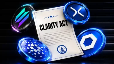 A formal "Clarity Act" document surrounded by glowing blue 3D coins for Solana (SOL), XRP, Cardano (ADA), and Chainlink (LINK).
