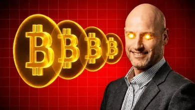 Ethereum co-founder Joseph Lubin with glowing orange laser eyes smiling next to four glowing gold Bitcoin icons on a red grid background.