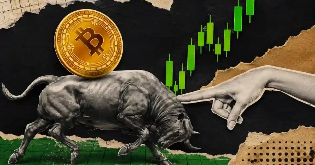 Artistic collage of a bronze charging bull with a Bitcoin coin on its back and a hand pointing toward rising green candlestick charts.