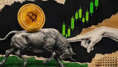 Artistic collage of a bronze charging bull with a Bitcoin coin on its back and a hand pointing toward rising green candlestick charts.