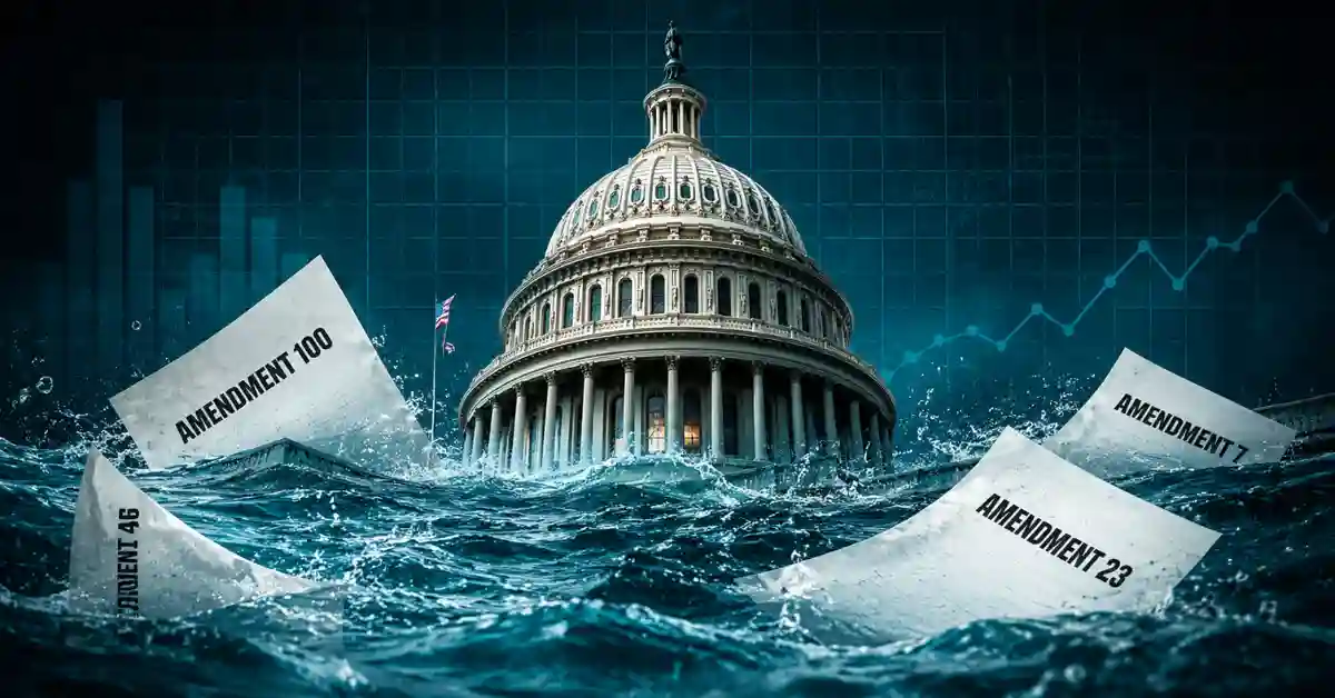 Illustration of the U.S. Capitol building emerging from turbulent ocean waves filled with legislative papers labeled Amendment 100, 46, 23, and 7.