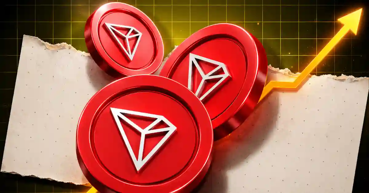 Three 3D red TRON (TRX) coins positioned over a torn paper background with a glowing yellow bullish arrow pointing upward on a grid.