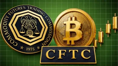 A Commodity Futures Trading Commission (CFTC) seal next to a gold Bitcoin coin and rising gold candlestick charts on a green grid background.