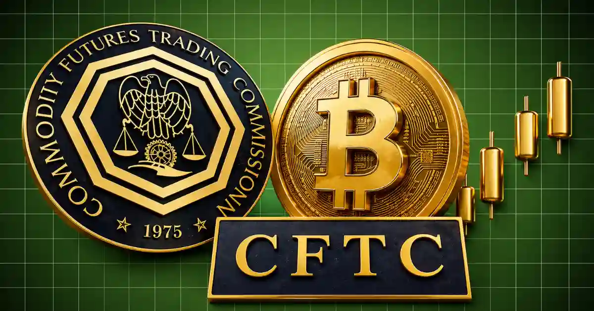 A Commodity Futures Trading Commission (CFTC) seal next to a gold Bitcoin coin and rising gold candlestick charts on a green grid background.