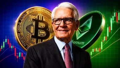 A professional man in a suit standing between a large gold Bitcoin and a green Ethereum coin, set against a background of rising crypto price charts.