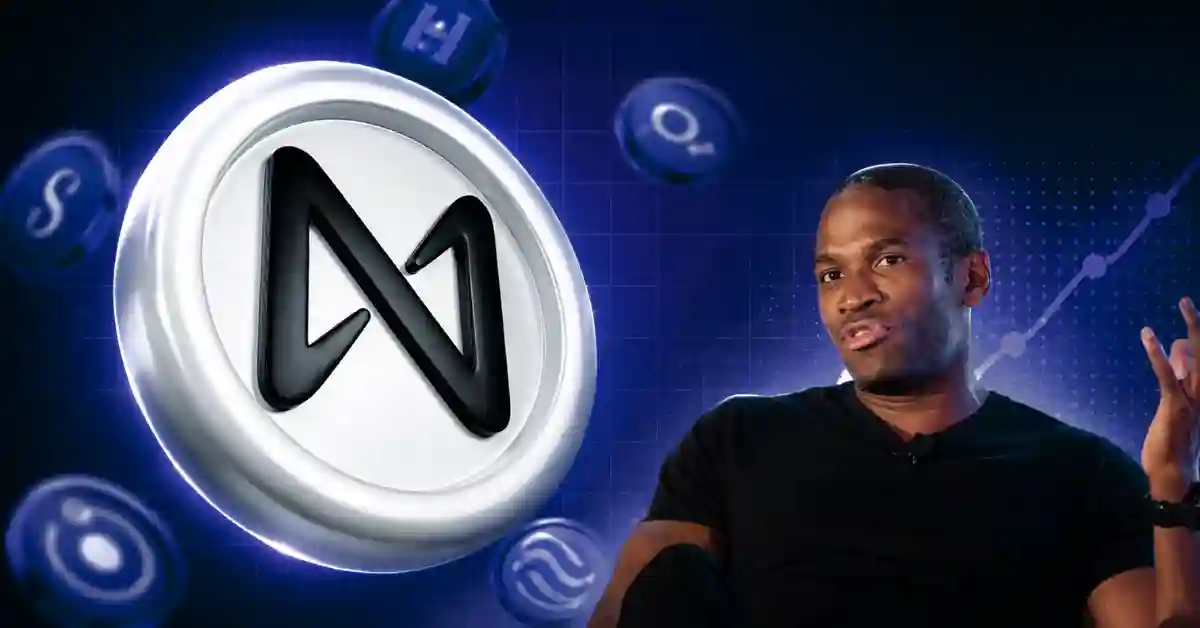 A 3D white Near Protocol logo coin floating next to Arthur Hayes on a dark blue background with digital line graphs.