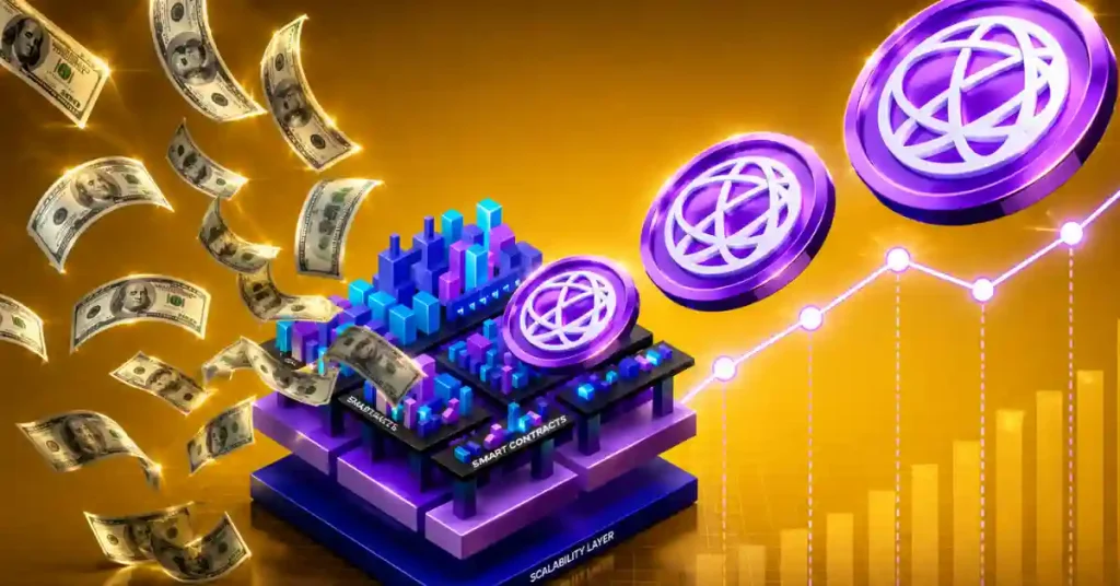 3D purple Celestia (TIA) coins floating above a modular scalability layer with smart contracts, surrounded by falling dollar bills and a rising growth chart on a gold background.