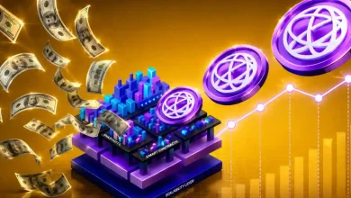 3D purple Celestia (TIA) coins floating above a modular scalability layer with smart contracts, surrounded by falling dollar bills and a rising growth chart on a gold background.