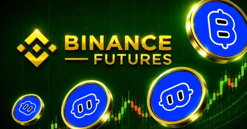 Several blue Billions Network coins with a white "B" logo floating in front of a golden Binance Futures logo and a rising green candlestick trading chart.