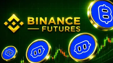 Several blue Billions Network coins with a white "B" logo floating in front of a golden Binance Futures logo and a rising green candlestick trading chart.
