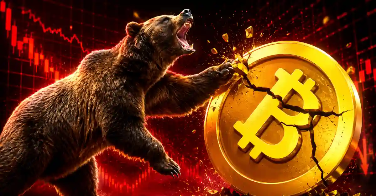 A large grizzly bear roaring and smashing a gold Bitcoin coin in half with its paw, set against a red bearish candlestick trading chart background.