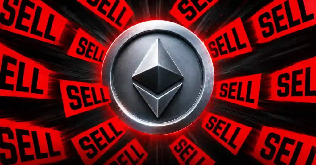 A central silver Ethereum (ETH) coin surrounded by radiating red "SELL" signs on a dark background.