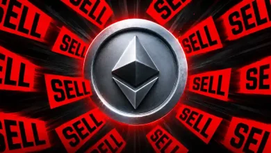 A central silver Ethereum (ETH) coin surrounded by radiating red "SELL" signs on a dark background.