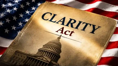 An aged legal book with the text "CLARITY Act" and an illustration of the U.S. Capitol dome, set against a background of the American flag.