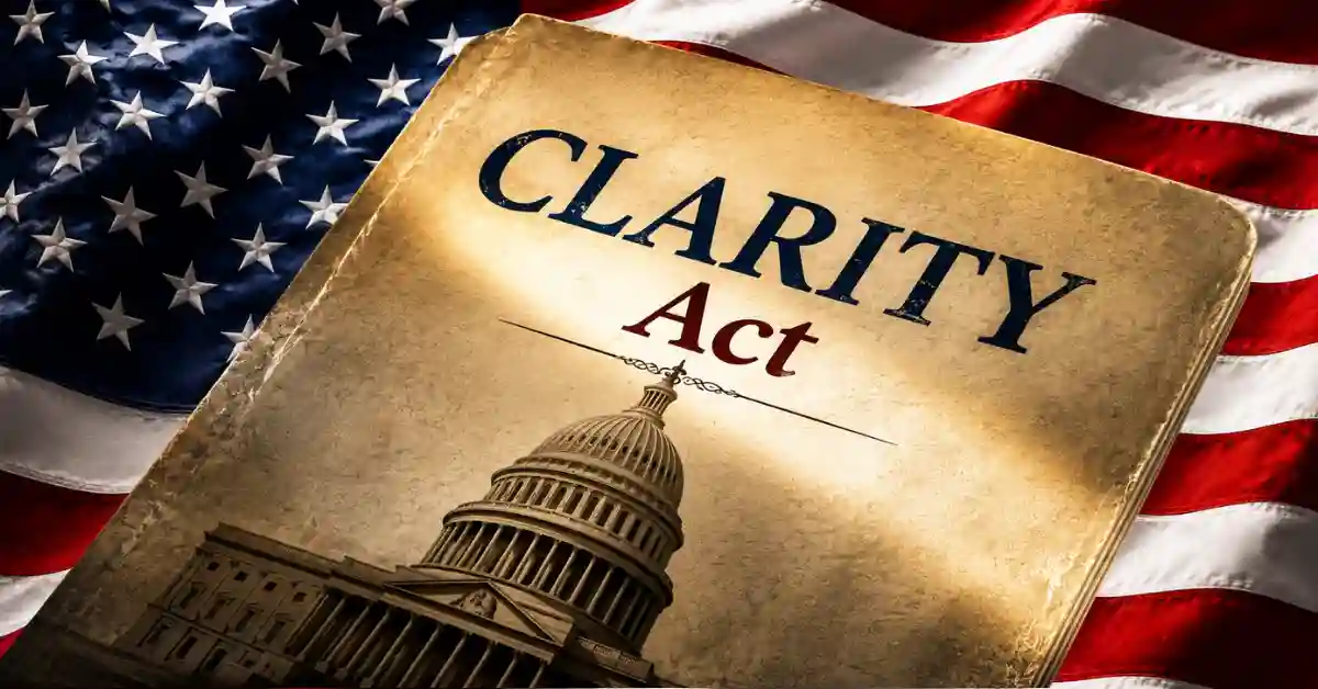 An aged legal book with the text "CLARITY Act" and an illustration of the U.S. Capitol dome, set against a background of the American flag.
