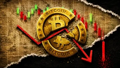 A shattered gold Bitcoin coin with a sharp red downward-trending arrow on a textured stone background featuring red and green candlestick charts.