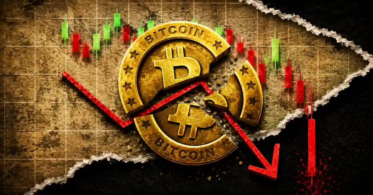 A shattered gold Bitcoin coin with a sharp red downward-trending arrow on a textured stone background featuring red and green candlestick charts.