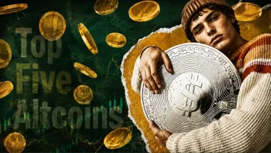A young man in a sweater holding a large silver coin with gold coins falling around him and the text "Top Five Altcoins" over a green background with price charts.