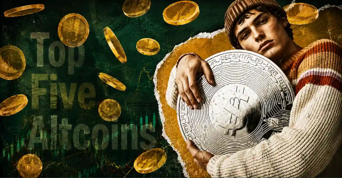 A young man in a sweater holding a large silver coin with gold coins falling around him and the text