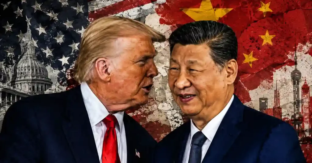 A composite image of Donald Trump and Xi Jinping facing each other, set against a background of the U.S. Capitol, the Shanghai skyline, and the American and Chinese flags