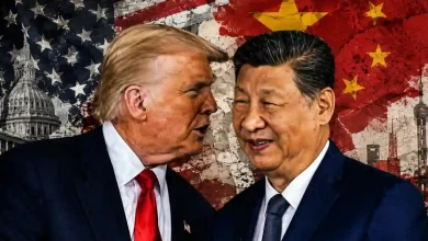 A composite image of Donald Trump and Xi Jinping facing each other, set against a background of the U.S. Capitol, the Shanghai skyline, and the American and Chinese flags